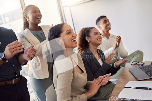 Image of Business woman, applause and laugh with team in meeting, tradeshow or achievement of success, award or support. Happy employees clapping to celebrate presentation, seminar or funny feedback in office