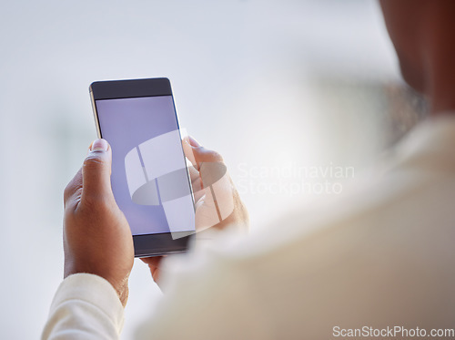 Image of Person, hands and mockup screen of phone for information, reading newsletter notification or social media post. Closeup, smartphone and UX space for announcement, download app or subscription at home