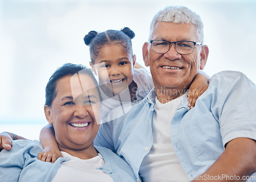 Image of Love, portrait and happy family child, grandparents and girl with grandma, grandpa or grandchild care. Sky, happiness and face of grandmother, grandfather and bonding holiday vacation with relax kid