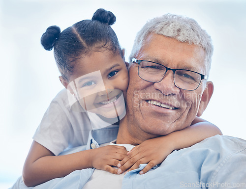 Image of Portrait, hug and happy child, grandfather and young girl support, care and smile with trust and love grandpa. Blue sky, family embrace and face of senior person bonding, freedom and relax with kid