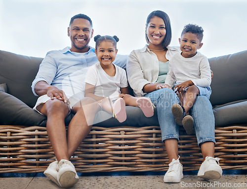 Image of Portrait, love and happy family children, parents and relax together with mom, dad and sibling care, support and smile. Lounge couch, home and apartment mother, father and young youth kids bonding