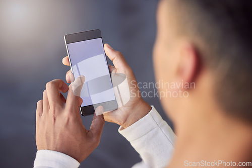 Image of Person, hands and space on screen of phone of information, newsletter notification or social media post from above. Closeup, smartphone or UX mockup for announcement, download or subscription at home