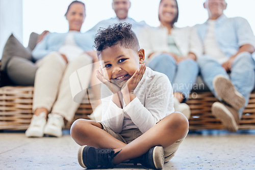 Image of Home portrait, love and happy family child, parents and grandparents bond together with youth care, support and smile. Living room floor, happiness and apartment boy, son or young kid relax in lounge