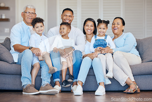 Image of Portrait, home and family on a couch, relax and cheerful with love, weekend break and generations. Grandparents, mother or father with children, kids and rest with joy, calm and happiness in a lounge