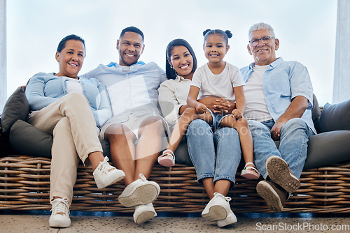 Image of Portrait, home and family on a couch, smile and relax with happiness, weekend break and generations. Grandparents, mother or father with children, kids and rest with joy, calm and love in a lounge