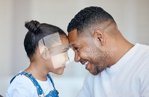 Image of Child, face profile and happy family father, papa or Brazil man care, support and home happiness for young girl. Youth daughter, forehead and apartment dad bonding, smile or parent connect with kid