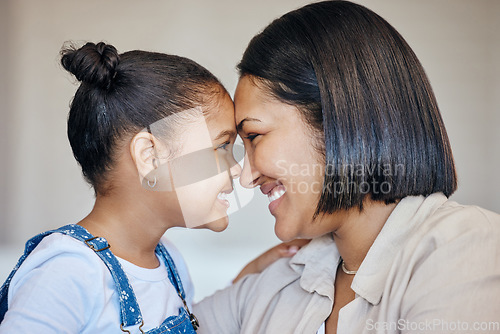 Image of Child, face and happy with family mother, mama or Mexican woman care, support and home happiness for young girl. Youth daughter, motherhood and apartment mom bonding, smile and connect with kid