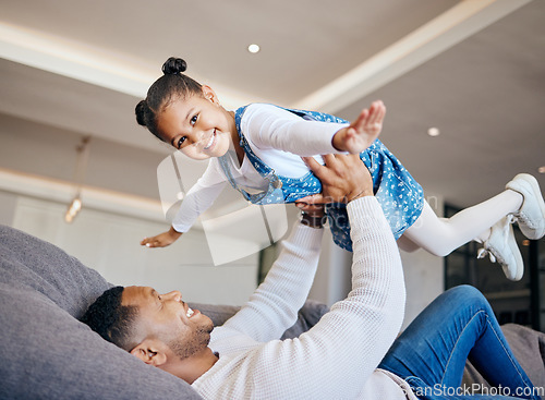 Image of Father, child and airplane play at home, fun and bonding in childhood, love and smile for freedom. Happy, dad and daughter on couch, flying and portrait or face, joy and excited for fantasy game