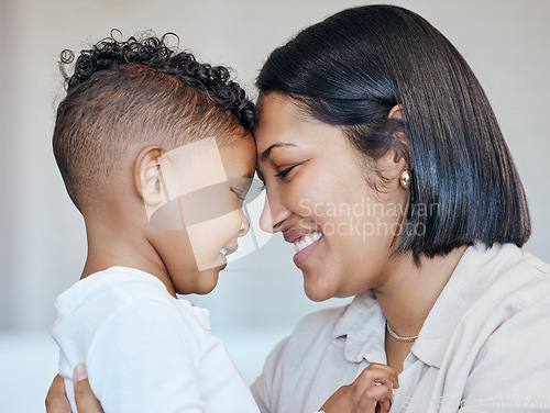 Image of Kid, forehead touch and happy family mom, mama or woman care, support and young boy in Mexico vacation home. Youth son, face profile and Mothers Day bond, smile or Mexican parent connect with child
