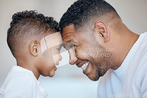 Image of Child, forehead touch and happy family dad, papa or Costa Rica man care, support and home happiness for young boy. Youth son, face profile and Fathers Day bonding, smile or parent connect with kid