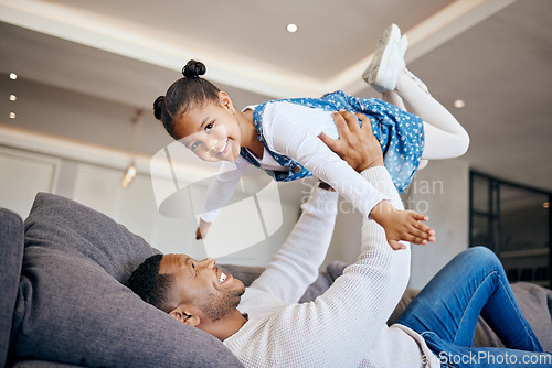 Image of Father, child and airplane play on couch, fun and bonding in childhood, love and smile for freedom. Happy, dad and daughter at home, flying and support or portrait, joy and excited for fantasy game