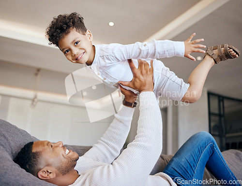 Image of Dad, child and airplane play on couch, fun and bonding in childhood, love and smile for freedom. Happy, father and son at home, flying and portrait or support, joy and excited for fantasy game