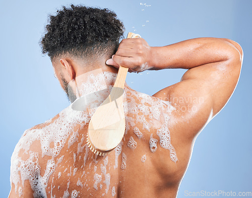 Image of Shower, washing and man with brush and soap in studio for cleaning, hygiene and skincare on blue background. Dermatology, bathroom and person with foam and cosmetics for wellness, health or self care