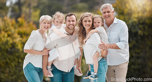 Image of Portrait of big family in park with grandparents and parents with kids in backyard together. Nature, happiness and men, women and children with smile in garden with love, support and outdoor bonding.