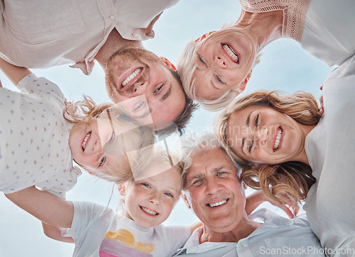 Image of Happy family, portrait and huddle for bonding together, parents and kids with pov, blue sky and outdoor. Holiday, carefree and grandparents with smile, childhood memories and cheerful for vacation