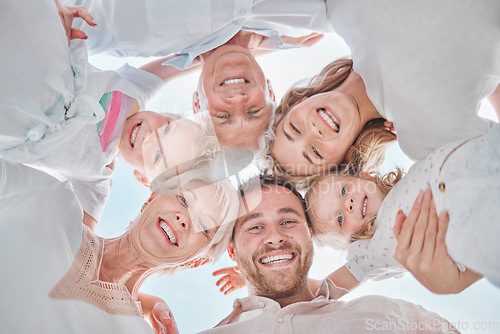 Image of Family, portrait and huddle in outdoor, happy and parents with kids, pov and blue sky and bonding together. Holiday, carefree and grandparents with smile, childhood memories and joy for vacation