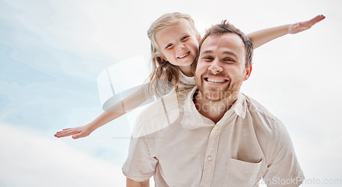 Image of Portrait, child and father playing as a plane outdoor in summer, blue sky and together in game. Bonding, dad and kid flying on shoulder with freedom on vacation, holiday or weekend with a smile