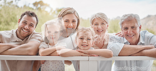 Image of Happy family, portrait and outdoor for bonding together, parents and kids with pov, summer and face. Holiday, love and grandparents with smile, childhood memories and cheerful for vacation