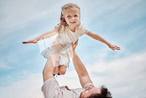 Image of Child, playing and portrait with father as a plane outdoor in summer, blue sky and together in game. Bonding, dad and kid flying with support or freedom on vacation, holiday or weekend with happiness