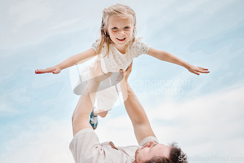 Image of Child, playing and portrait with father as a plane outdoor in summer, blue sky and happiness together. Bonding, dad and kid flying with support and freedom on vacation, holiday or weekend with smile