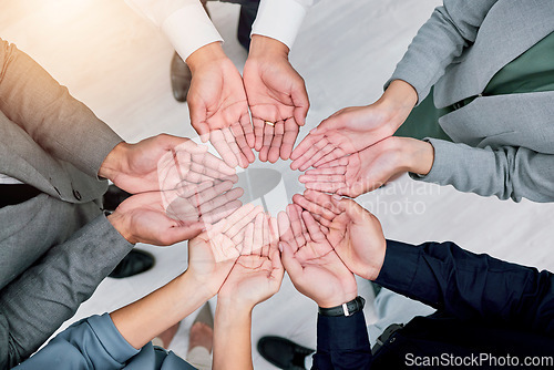 Image of Hands, diversity circle and business people together in support, team building collaboration or colleague trust. Top view, corporate group meeting and cooperation, synergy or teamwork solidarity.