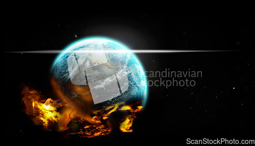 Image of Space, planet earth on fire and global warming for world crisis, environmental problem and universe. Science, atmosphere and pollution with toxins, aerospace and astronomy for climate change