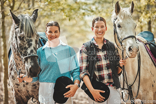 Image of Smile, nature and portrait of women with horses in forest training for race, competition or event. Happy, animal and young female people with stallion pets outdoor in woods for equestrian practice.
