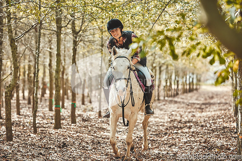 Image of Happy woman on horse, riding in forest and running practice for competition, race or dressage with trees. Equestrian sport, female jockey or rider on animal in woods for adventure, training and smile
