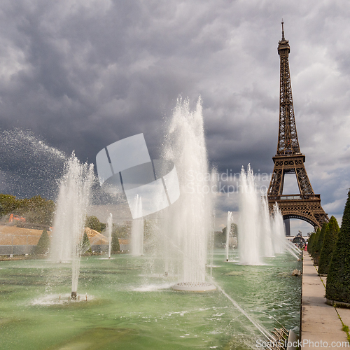 Image of Eiffel Tower viewed through the Trocadero Fountains in Paris, sq