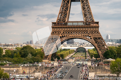 Image of Tourists under the Eiffel tower seen from Trocadero in Paris