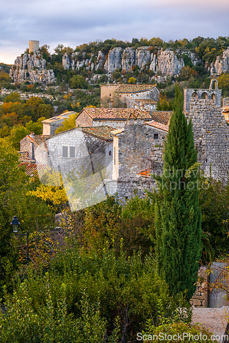 Image of The medieval village of Balazuc.  Vertical photography taken in 