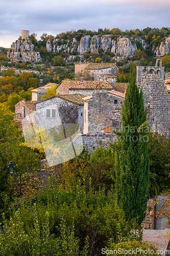 Image of The medieval village of Balazuc.  Vertical photography taken in