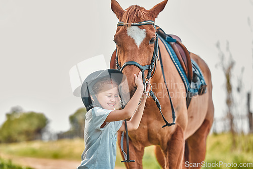 Image of Kid, horse and smile in nature with love, adventure and care with animal, bonding together and relax on farm. Ranch, kid and pet with childhood, freedom or countryside with happiness, stallion or joy