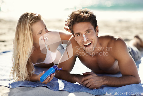 Image of Beach portrait, happy couple and apply sunscreen for facial care hydration, wellness support and UV protection. Marriage people face, nature woman and man sun cream application for skin SPF sunblock