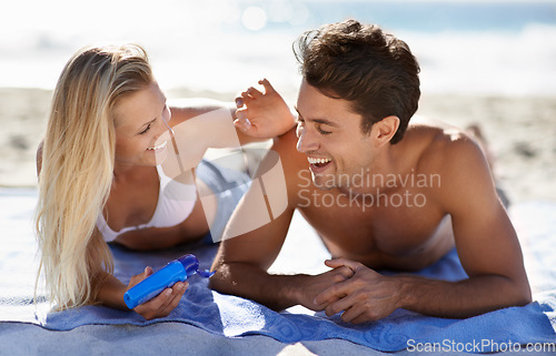 Image of Beach couple, smile and apply sunscreen for face care hydration, wellness or skincare UV protection on tropical island. Sun cream application for boyfriend skin safety, solar security or SPF sunblock