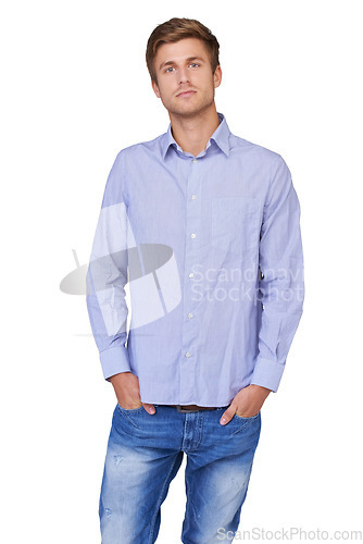 Image of Fashion, serious and portrait of man in studio with casual, classy and trendy outfit for confidence. Handsome, pride and attractive young model with cool and edgy style isolated by white background.