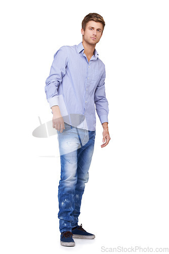 Image of Fashion, handsome and portrait of man in studio with casual, classy and trendy outfit. Smile, happy and full body of attractive young male model with cool and edgy style isolated by white background.