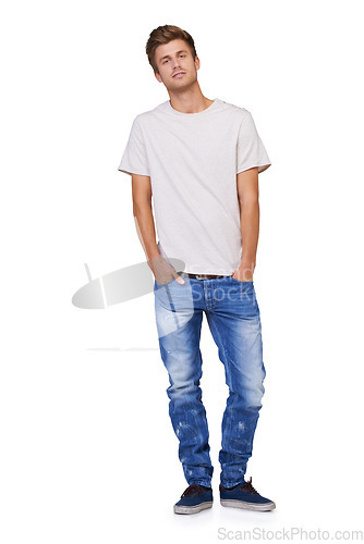 Image of Fashion, portrait and young man in a studio with casual, stylish and trendy outfit for confidence. Handsome, cool and full body of male model with tshirt and jeans style isolated by white background.