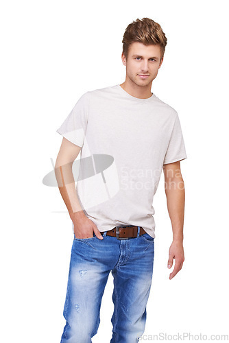 Image of Fashion, portrait and young man in a studio with casual, stylish and trendy outfit for confidence. Handsome, cool and full body of male model with tshirt and jeans style isolated by white background.