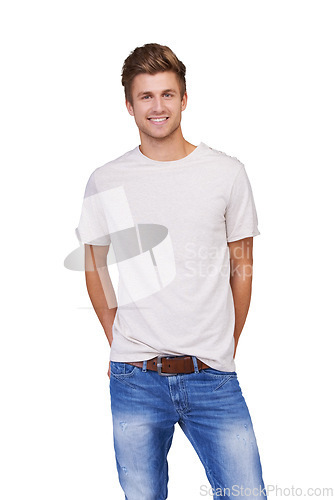 Image of Style, portrait and young man in a studio with casual, stylish and trendy outfit for confidence. Handsome, cool and full body of male model with tshirt and jeans fashion isolated by white background.