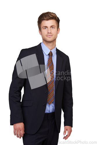 Image of Studio, portrait and professional business man, lawyer or advocate for legal services, justice and company work. Corporate law firm career, job experience and government attorney on white background