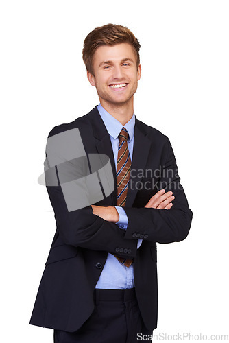 Image of Studio portrait, arms crossed and professional happy man, lawyer or advocate pride for legal services, justice and law firm work. Job experience, happiness and government attorney on white background