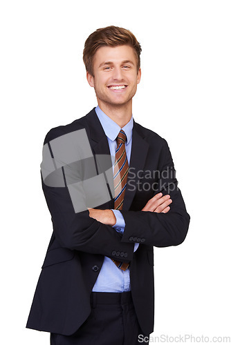 Image of Studio portrait, arms crossed and happy man, business lawyer and smile for legal justice service, advisor or job experience. Attorney, confident agent and government consultant on white background
