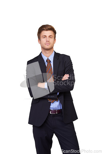 Image of Studio portrait, arms crossed and serious man, business lawyer and confident in legal service vocation, advisory or career job. Attorney, assertive agent and government consultant on white background