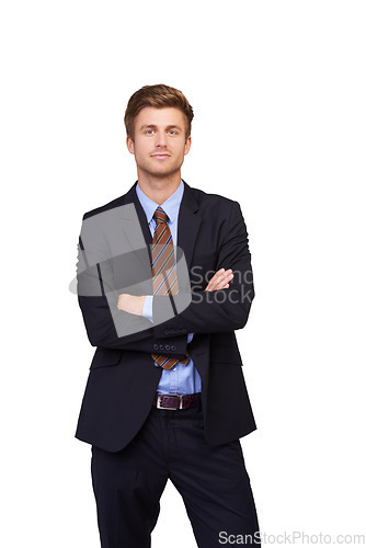 Image of Corporate portrait, arms crossed and studio man, real estate agent or realtor pride in property management services. Business career, professional job experience and developer on white background