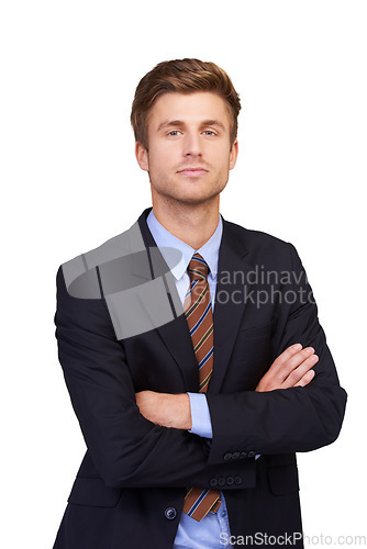 Image of Corporate portrait, arms crossed and studio man, real estate agent or realtor pride, confidence and profile picture. Expert, professional job experience and property developer on white background