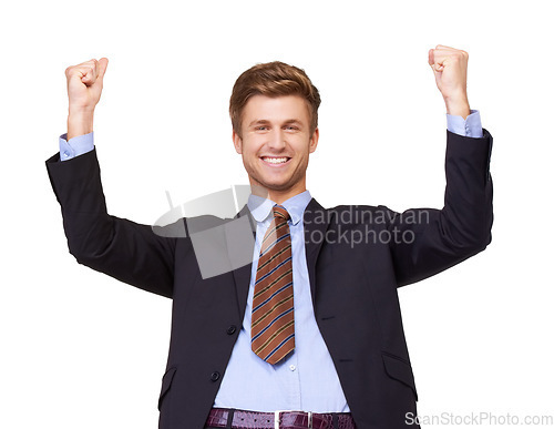 Image of Success, portrait and business man with winning fist in studio for startup, loan or approval on white background. Happy, face and excited entrepreneur with bonus, promotion or feedback celebration