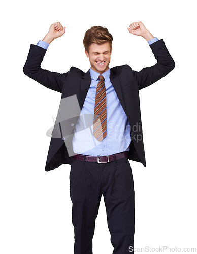 Image of Business man, winner and fist in studio success, job achievement or winning of bonus, sales or profit. Excited corporate worker with cheers, yes and celebration or opportunity on a white background