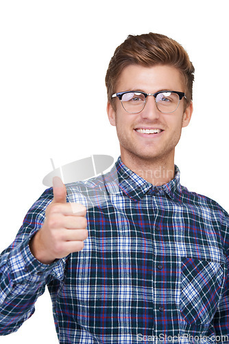 Image of Business man, portrait and thumbs up in studio for success and support, agreement and like emoji or vote hands. Face of worker or winner in glasses with okay, good job or vision on a white background