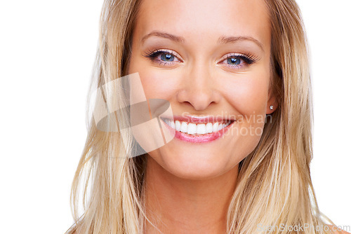 Image of Beauty, skincare and smile with portrait of woman in studio for cosmetics, dermatology and spa treatment. Self care, health and glow with face of model on white background for cosmetology and facial